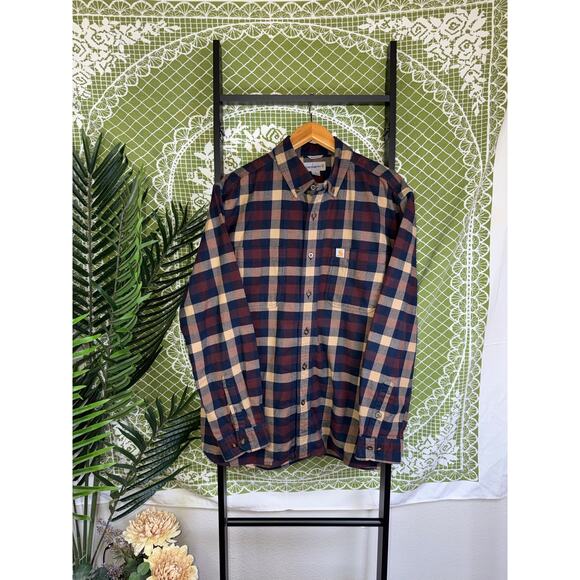 Carhartt Other - Carhartt Relaxed Fit Plaid Flannel Shirt Navy Maroon Tan Men's Size L
